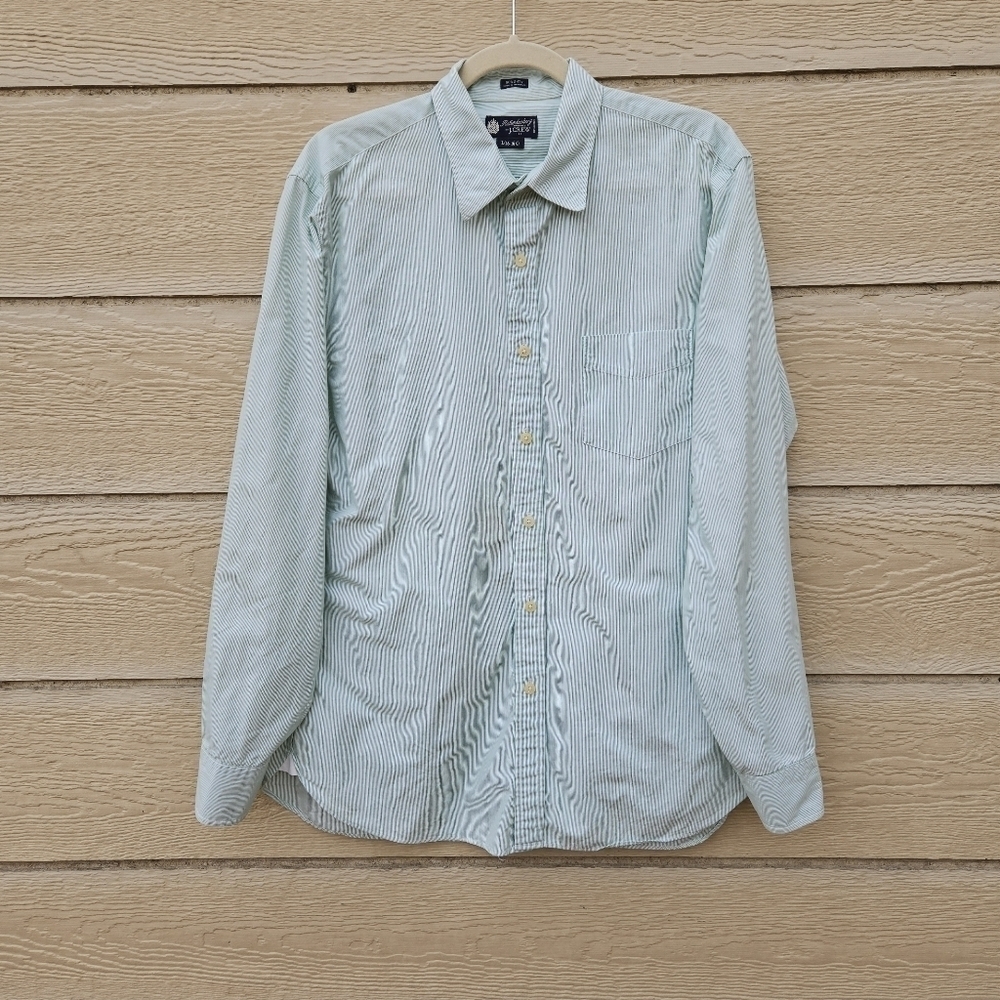 J. Crew Haberdashery Shirtings 80's 2 ply green white striped button front large